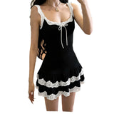  MQTIME  -  Lace Square Neck Lace-up Splicing Suspender Pleated Skirt