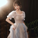 MQTIME  -  New Vintage Elegant Short Sleeve A-line Tulle Dress Summer Women Party Sexy Backless Long Evening Dresses