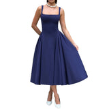 MQTIME  -  Summer New French Square Neck Women Elegant Strap Dress Simple Solid Color Female Banquet Grand Display Long Dresses