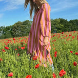 MQTIME  -  Ladies Elegant Party Dress Fashion Striped Printed Long Sleeved Loose Dress Vestidos Autumn Sexy V-neck Holiday Women's Dress