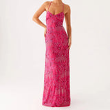 MQTIME  -  Women Beading Sequins Flower Embroidery Sleeveless Summer Cross Tied Backless Spaghetti Strap A-line Cami Long Dress