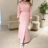 MQTIME  -  Fashion Lace-Up Long Sleeve Party Dress Elegant Lapel Single Breasted Solid Shirt Dress Women's Cotton Linen Pleated Long Dress