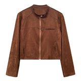 MQTIME  -  Autumn  Standing Collar Buckle Suede Coat Brown Beige Women's Short Motorcycle Jacket Top