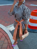 MQTIME  -  Chic Spliced Belt Stripe Shirt Lapel Collar Long Sleeve Autumn Women Street Casual Daily Blouse Fashion Trendy Ladies Top