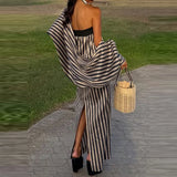 MQTIME  -  Fashione Strapless Backless Formal Banquet Dress Elegant Batwe Sleeve Slit Tube Dress Retro Striped Printed Off Shoulder Dress