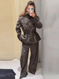  MQTIME  -  Fashion Top Pants Women's Set Stand Collar Full Sleeve Elastic Waist Shirt Straight Trousers Female Sets Autumn Lady Suit