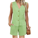 MQTIME  -  Stylish Women s 2-Piece Set with Plaid Print V-Neck Tank Top and Elastic Shorts Perfect for Club and Streetwear Fashion