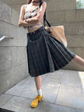 MQTIME  -  Vintage Plaid Midi Skirt Women American Retro Pleated A-line High Wasit Skirts Summer Fashion Uniform Aesthetics Clothes