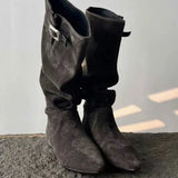 MQTIME  -  Women's Calf Boots Spring Slouchy Boots Sheepskin Ruched Low Heel Pointed Toe Mid Calf Knee High Denim Cowboy Riding Boots