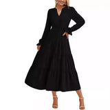  MQTIME  -  Autumn Long Dress Long Sleeve V Neck Layered Ruffle Edge Elegant A Line Cocktail Party Cw12909