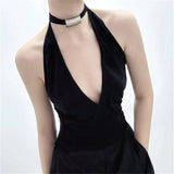 MQTIME  -  Woman Sexy Metal Buckle Detail Hollow Backless Halter Top Black Tanks & Camis Sexy Summer Deep V Neck Crop Tops