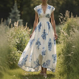 2025 Summer New Simple Palace Style Printed Women Waist Dress Fashion V-neck Lace Female Long Dresses