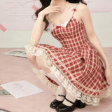 MQTIME  - Vintage Sweet Red Plaid Dress for Women Kawaii Elegant French Style Bow Lace Party Mini Dress Retro Lolita Pleated Dress