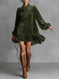  MQTIME  -  Spring Autumn Long Sleeve Elegant Velvet Bow Mini Dress Women's Clothing Casual Party Work Evening Office Lady Dresses