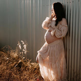 MQTIME  -  Bohemian Photoshoot Pregnancy DressOne Shoulder Pleated Chiffon Elegant Two Piece Dress Set Maternity Dresses for Baby Showers
