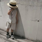 MQTIME  -  Children Casual Set Boy Summer Simple Solid Sleeveless T-shirt + Loose All-match Cotton Linen Shorts 2pc Suit Girl New Clothes