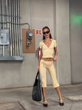 MQTIME  -  Women Striped 2 Piece Matching Set Beige Short Sleeve Deep V Crop Flare Pants Sexy Retro Outfit Summer Beach Street Chic Wear