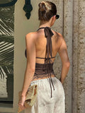 MQTIME  -  Lace Patchwork Halter Vest Women Fashion Backless Off Shoulder Lace-up Draped Neckline Cropped Top 2026 Lady Holiday Wear New