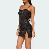 MQTIME  -  Women Summer Flower Sequins Embroidery Ruffles Square Neck Sleeveless Bodycon High Split Short Cami Dress with Scarf
