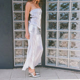 MQTIME  -  Sequins Patchwork Faux 2 Piece Set Strapless Maxi Dress Women Sexy See Through Backless Bodycon Party Long Robe Vacation Outfits