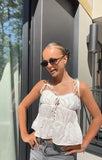 MQTIME  -  Women Fashion White Hollow Out Sling Top Sexy Tie Straps Button Front Peplum Hem Vest Summer Y2k Street Holiday Shirts