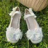 MQTIME  -  Comfortable Round Toe Block Heels Chunky Pumps Women's Lolita Bow Pearl Chain Embellished Low Heel Wedding Party Dress Shoes