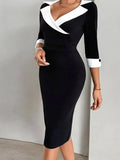 MQTIME  -  Casual Half Sleeve Wrap Hip Dress Office Elegant Commuter Summer Midi Dress Women Fashion Color Blocking Slim Fit Party Dress
