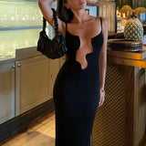 MQTIME  -  Women Evening Dress Elegant Solid Color Irregular V Neck Maxi Dress Sexy Sleeveless Backless Pleated Hem Resort Sling Dress