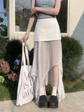  MQTIME  -  New Summer Style, Korean Design Sense, Niche and Irregular Fake Two-piece Mesh Patchwork Bodycon Skirt.