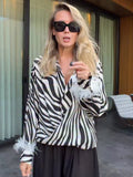 MQTIME  -  Fashion Minimal Zebra Print Leisure Blouse Classic V Neck Fluffy White Feather Cuffs Top Women Autumn City Casual Walk Blouse