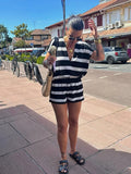 MQTIME  -  Casual Striped Women Short Suits V-neck Loose T-shirt Lace Up High Waist Mini Shorts 2024 Summer New Chic Female Two Pieces Sets