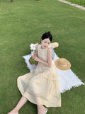 MQTIME  -  Casual Women's Pleated Cake Sundress Summer Vacation New Beige Sleeveless Temperament Elegant Round Neck Fashion Vest Dresses