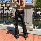 MQTIME  -  Women Black Faux Leather High Waist Flare Pants Slim Stretch PU Leather Autumn Wide Leg Floor Length American Bootcut Trousers
