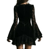 MQTIME  -  Women's Spring Autumn Deep V Neck Lace Patchwork Mini Dress Long Flare Sleeve Sheath Elegant Sexy Streetwear for Fashion
