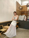  MQTIME  -  Bowknot-tied Lace Camisole with Net Yarn Patchwork and a Body-hugging Half Long Skirt