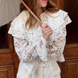MQTIME  -  Autumn French Ruffle Lace Blouse Women Fashion Loose Bell Sleeve Shirt Beige
