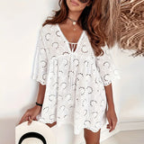 MQTIME  -  Womens Sexy Hollow Out Embroidery Lace Dress Spring Autumn Jacquard Crochet Party Dress Elegant V-neck Tie-up Loose Mini Dresses
