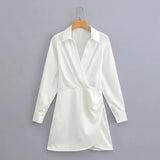 MQTIME  -  Women Long Sleeve Lapel Dress Solid Color Summer Fashion Streetwear Female Pleated Dresses Office Lady Elegant Shirt Dress