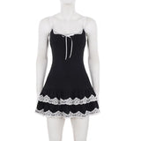  MQTIME  -  Lace Square Neck Lace-up Splicing Suspender Pleated Skirt