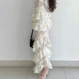  MQTIME  -  French vacation style lace patchwork slim and figure-flattering versatile tiered half skirt