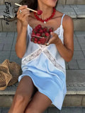 MQTIME  -  Sexy Blue Satin Lace Slip Mini Dress Women Spaghetti Strap V Neck Hollow Out Bodycon Dresses Lady Summer Beach Short Gown