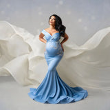 MQTIME  -  Blue Mermaid Maternity Dresses for Photo Shoot Off Shoulder Pregnancy Maternity Gown Lace Appliqued  Babyshower Dress Customized