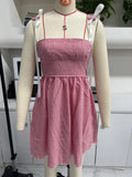 MQTIME  -  Cute Y2K Women's Mini Plaid Dress A-Line Square Neck Backless Ruffled Hem Tie-Up Spaghetti Strap Dress for Summer