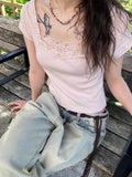 MQTIME  -  Low Saturation Lace Trim Design ort Sve T-irt Retro Korean Sle Commute Sle Summer Collection Slimming ort Length