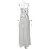 MQTIME  -  Summer Polka Dots Print A-line Maxi Dress Women Sexy Strapless Lace Up Halter Backless Vacation Beach Long Robe Streetwear