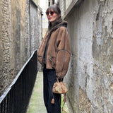 MQTIME  -  Brown Faux Shearling Trimmed Horn Button Short Jacket Women Patchwork Full Sleeve Oversize Coat Winter Cozy Stylish Outerwear