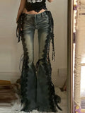  MQTIME  -  American High Street Spice Girl Black Lace Strap Lace-up Denim Flared Pants Slim-fit Split Low Waisted Jeans Women