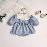 MQTIME  -  Autumn Solid Pleated Baby Bodysuit Toddler Girls Princess Clothes Emboridery Big Collar Infant Clothing