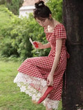 MQTIME  -  Red Gingham Checkered Dress With Lace Hem For Spring Summer Garden Outfits Women's Casual Floral Style Elegant Fit And Flare Mid