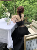 MQTIME  -  Beach Holiday Pink Backless Neck-mounted Long Dresses Summer French Hepburn Pressure Pleated Big Swing Casual Female Clothing